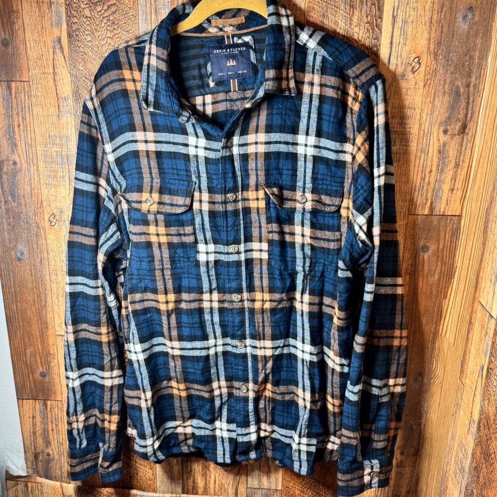 Denim & Flower‎ Ricky Singh Mens Blue Plaid Button Up Shirt L